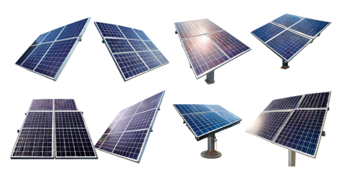 Various Angles of Solar Panels on Poles in Bright Sunlight Setting, isolated on transparent background