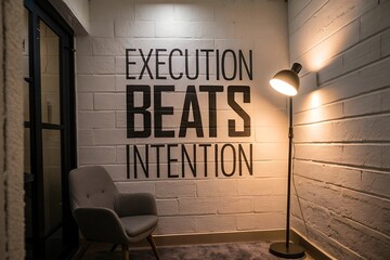 Inspirational quote execution beats intention painted on a white wall with wood paneling and a floor lamp