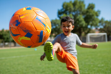 Boy kicking a soccer ball on a field. Close up of the ball with a young player in the background.