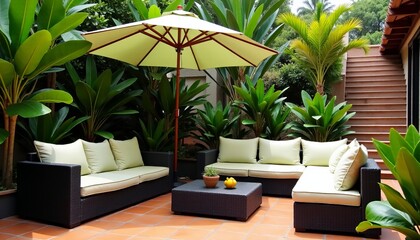 Fototapeta premium Inviting Tropical Patio Woven Rattan Lounge Furniture Light Cushions and Pale Green Umbrella Lush Outdoor Retreat