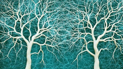 Abstract Teal Background with Two White Skeletal Trees