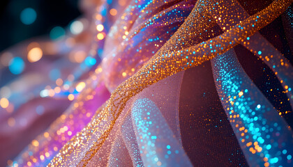 "Close-up of Sparkling Glitter Fabric in Neon Light, Abstract Colorful Shiny Textile Background"