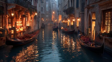 Romantic Venice Canal with Gondolas and Warm Evening Lighting