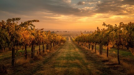 Fototapeta premium Golden Tones of a Vineyard at Sunset with Beautiful Cloudy Sky