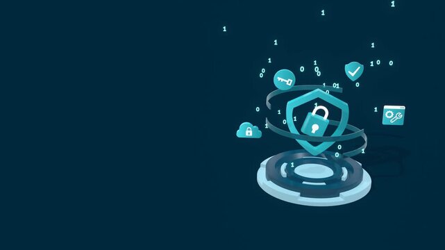 Animated shield and padlock with copy space for text, symbolizing data security, safe networks, and digital privacy. Suitable for tech presentations, technology and explainer videos.