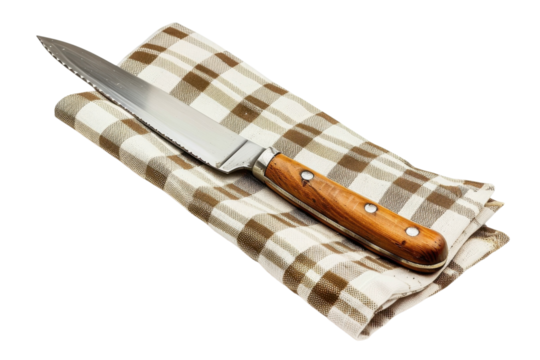 Sharp kitchen knife resting on a checkered towel prepared for meal preparation and cooking tasks in a home kitchen