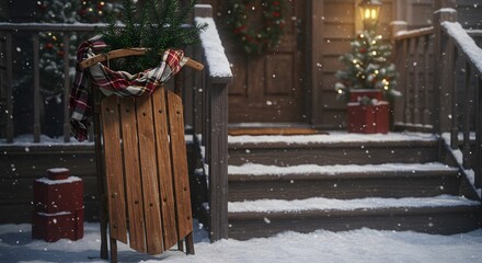 Fototapeta premium Winter Sled and Scarf on Snowy Porch with Festive Holiday Decor