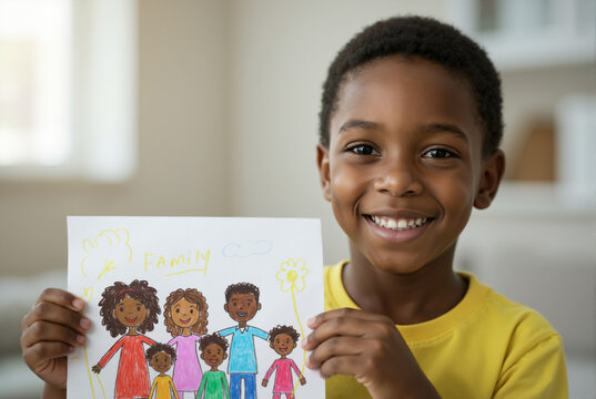 Smiling black boy holding up a drawing of his family. Proud child showing his creative artwork.