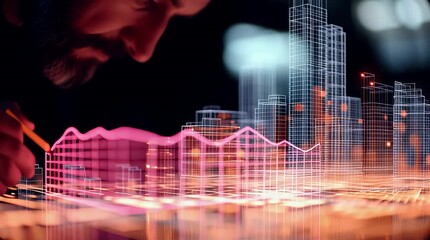 An architect brings architectural designs to life with 3D holographic construction models. The concept of innovation in architecture and futuristic design. Generative Ai.