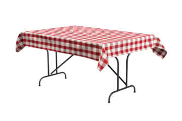Outdoor dining table with red and white checkered tablecloth set for a cozy gathering in a park during daytime
