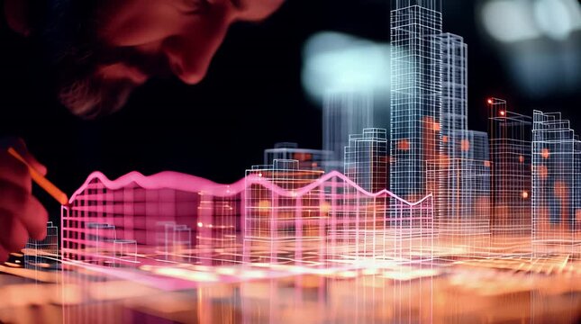 An architect brings architectural designs to life with 3D holographic construction models. The concept of innovation in architecture and futuristic design. Generative Ai.