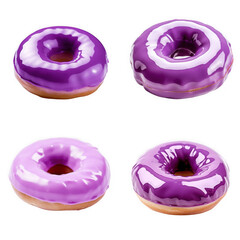 Set of isolates without background featuring purple glazed donuts for a sweet treat.