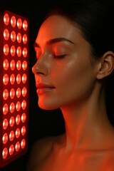 Red light therapy session for facial skin rejuvenation. Woman with glowing skin exposed to LED panel light. Modern wellness and skincare technology concept.