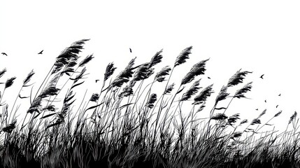 Wind Blowing Through Tall Grass in Line Art Illustration Style