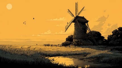 Elegant Windmill Silhouette in Countryside during Golden Hour