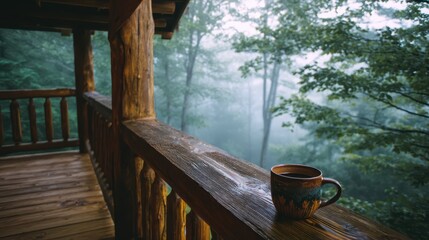 Morning Coffee on Wooden Porch Surrounded by Misty Forest