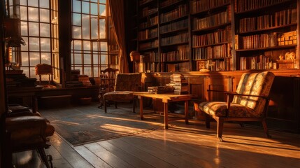 Cozy Vintage Reading Room with Wooden Furniture and Golden Light