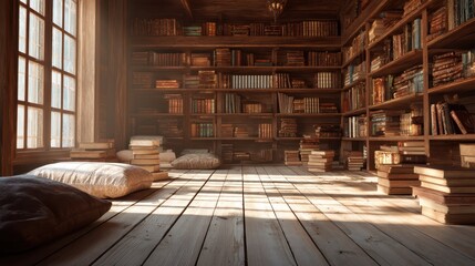 Vintage Wooden Reading Room with Bookshelves and Golden Light