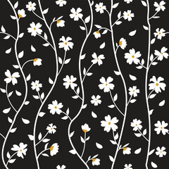 seamless floral vine pattern with white blooming flowers on black background perfect for fabric, wallpapers and textile prints.