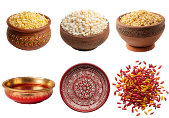 Puffed rice and grains in clay pots isolated on a transparent background