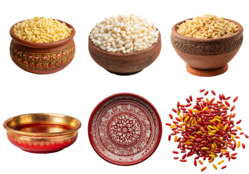 Puffed rice and grains in clay pots isolated on a transparent background