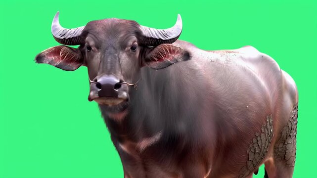 Majestic Water Buffalo with Powerful Horns Standing Isolated on Vibrant Green Screen Background for Easy Compositing