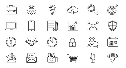 Minimalist Business and Technology Icon Set &ndash; Black and White Stroke Style