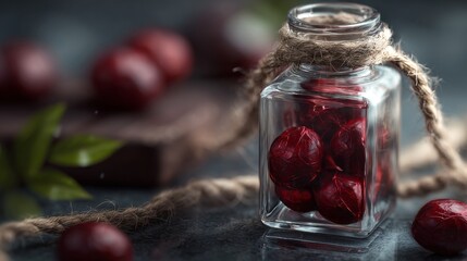 Jar of red cranberries on rustic wooden table with natural light in organic food concept