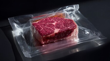 Vacuum-sealed raw meat on black background in high contrast for packaging food preservation concept