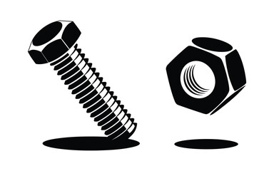 Black and white illustration of a bolt and nut on a white background