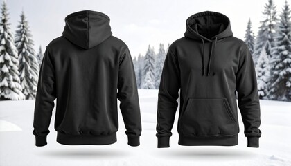 Blank hoodie mockup on snow  .Blank sweatshirt black color preview template front and back view on white background. crew neck mock up isolated on white background. Cloth collection.