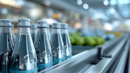Glass water bottles on conveyor belt in modern beverage factory for bottling production facility