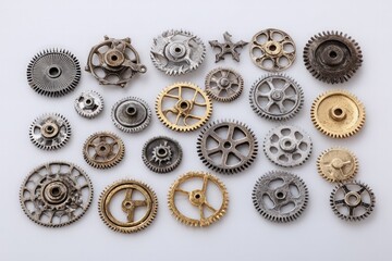 Assortment Of Vintage Clock Gears On White Background