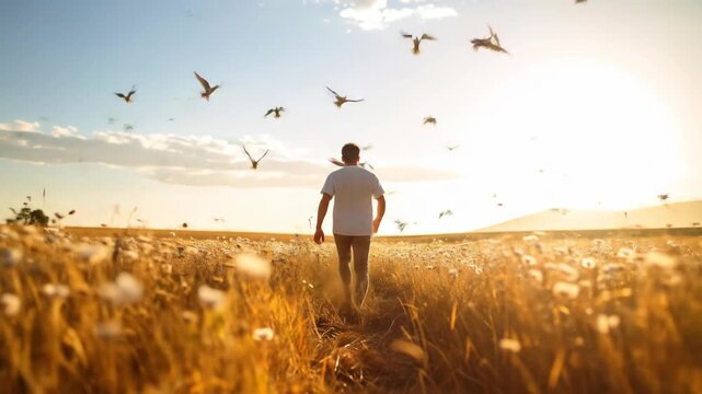 A Hopeful Journey: Man Walks Through a Golden Field as Birds Erupt into the Sunset Sky