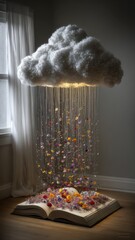 Cloud raining flowers over open book on grass