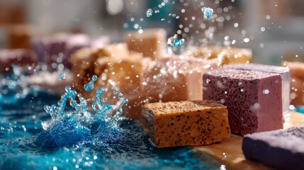 Soap bars with splashing water effect for hygiene cleanliness and fresh bathing product promotional concept