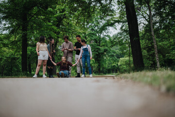 Fototapeta premium A group of cheerful young friends interacts playfully in a natural park setting, surrounded by lush green trees, creating a joyful and relaxing atmosphere.