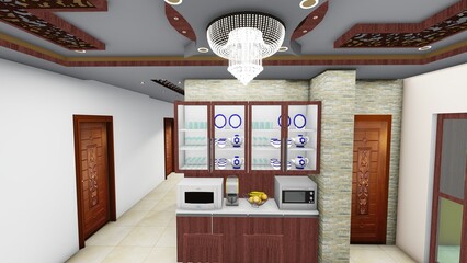 Modern Kitchenette and Hallway with Chandelier