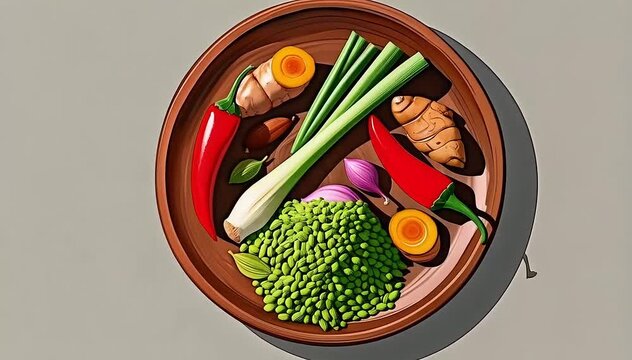 A top-down stop-motion animation shows fresh ingredients like chili, ginger, and peas appearing on a plate