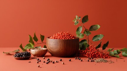 Spices herbs and wooden bowl on colorful background for culinary seasoning organic cooking and health branding
