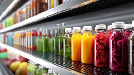 Refrigerated beverage section with colorful bottles in supermarket for healthy juice drinks and retail branding concept