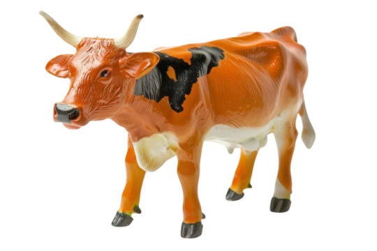 Realistic toy cow standing on a clean surface showcasing detailed features and bright colors perfect for educational playtime