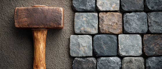 Construction of a rustic patio with cobblestone pavement and tools in a natural setting during daylight