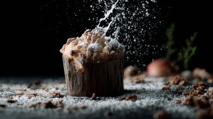Chocolate muffin sprinkled with powdered sugar on black surface for dessert food bakery and sweet snack visuals