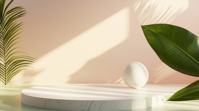 White cosmetic jars on podium with tropical leaves and shadows for skincare branding spa and product display visuals