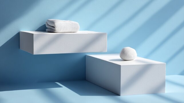 White minimalist podium blocks with towel and marble ball for clean spa branding skincare wellness and health visuals
