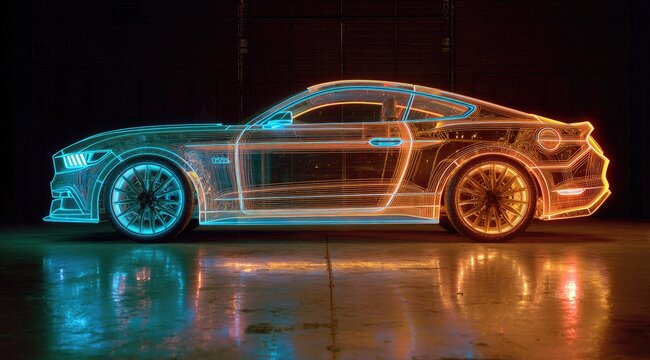 A futuristic, transparent car, outlined in vibrant neon colors, is seen in a dark, industrial garage setting
