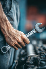 Expert mechanic working on engine repair with spanner in hand, showcasing skill and detail in a garage setting