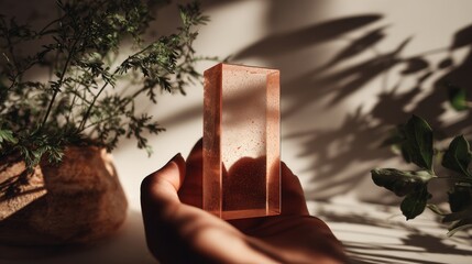 Hand holding translucent bottle in nature light and plant background for skincare natural product wellness visuals