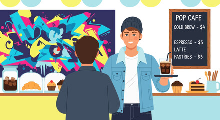 Trendy Cafe Scene With Cold Brew For Customer Illustration